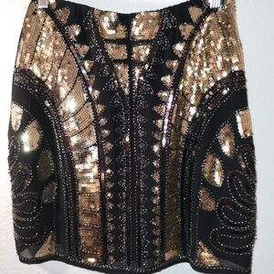 Molly Bracken Black and Gold Sequin Mini Skirt sz Medium